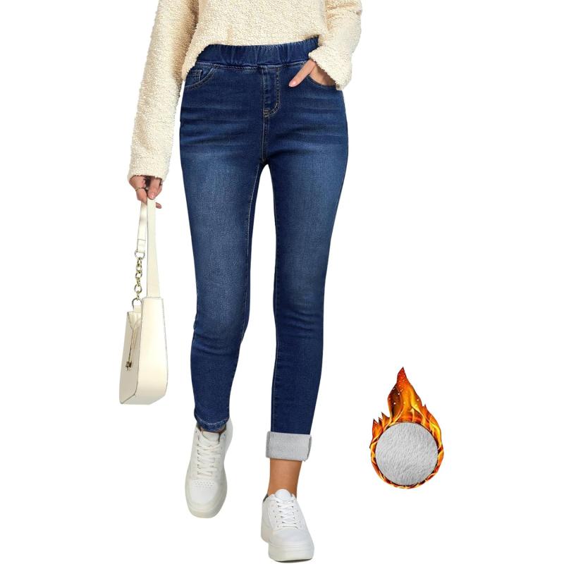 GRAPENT Jeans for Women High Waisted Pull On Fleece Lined Leggings Stretchy Denim Skinny Jeggings Thermal Winter PantsDark Blue
