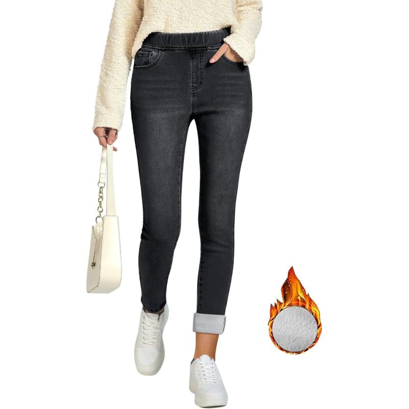 GRAPENT Jeans for Women High Waisted Pull On Fleece Lined Leggings Stretchy Denim Skinny Jeggings Thermal Winter PantsWashed Black