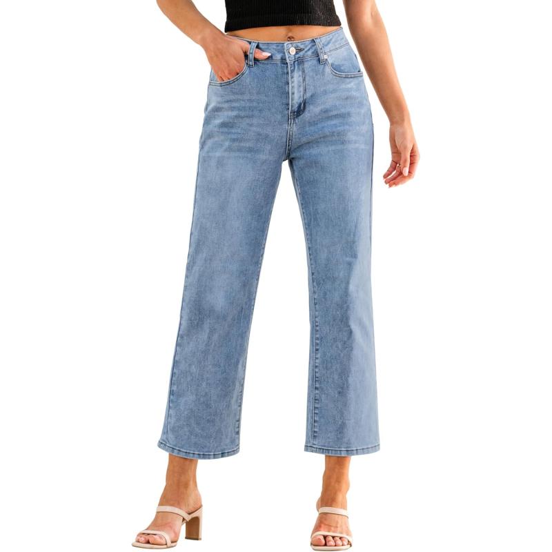 GRAPENT Jeans for Women Trendy High Waisted Baggy Straight Leg Stretchy Denim Ankle Pants Cropped Jeans with PocketsLakeside Blue