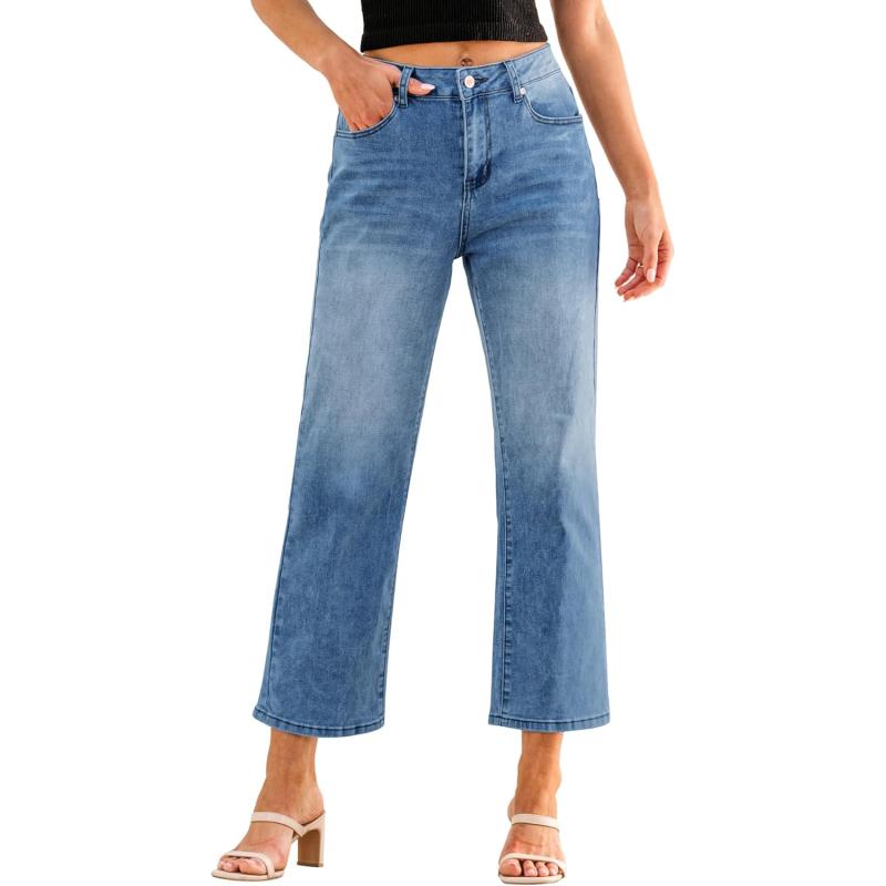 GRAPENT Jeans for Women Trendy High Waisted Baggy Straight Leg Stretchy Denim Ankle Pants Cropped Jeans with PocketsMedium Blue