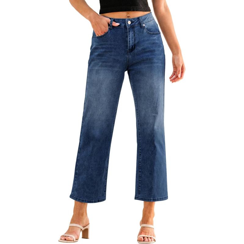 GRAPENT Jeans for Women Trendy High Waisted Baggy Straight Leg Stretchy Denim Ankle Pants Cropped Jeans with PocketsNightfall Blue