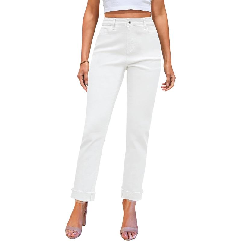 GRAPENT Jeans for Women Trendy High Waisted Slim Straight Leg Mom Jeans Stretchy Denim Pants Trouser Jeans with PocketsIvory White