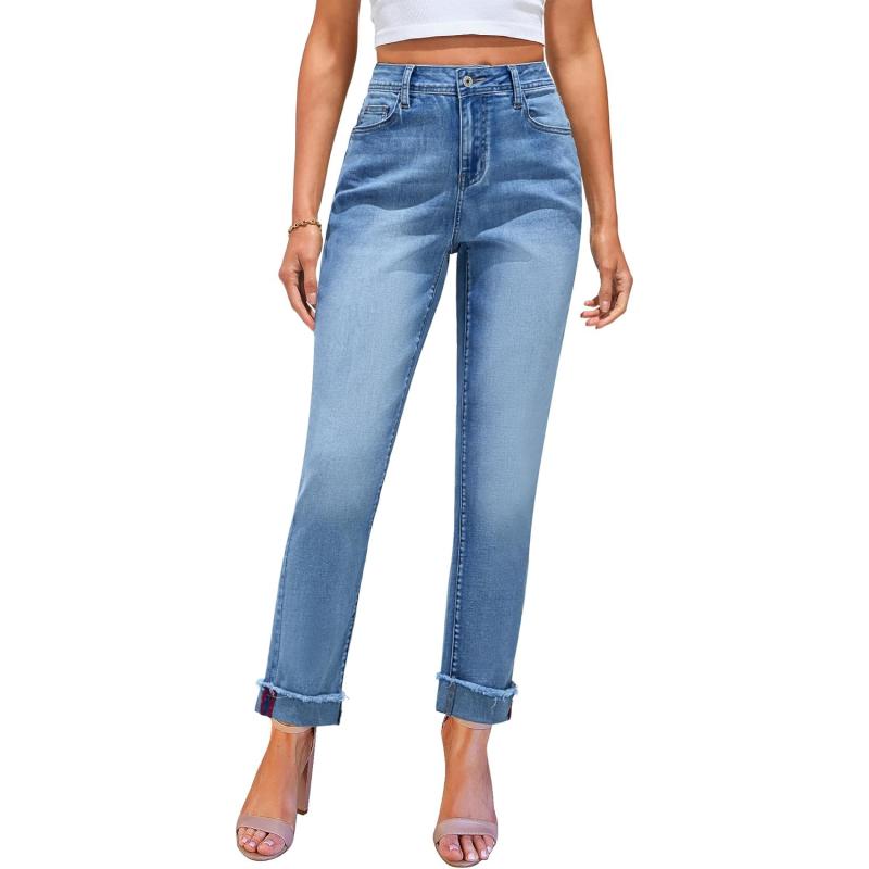 GRAPENT Jeans for Women Trendy High Waisted Slim Straight Leg Mom Jeans Stretchy Denim Pants Trouser Jeans with PocketsMedium Blue