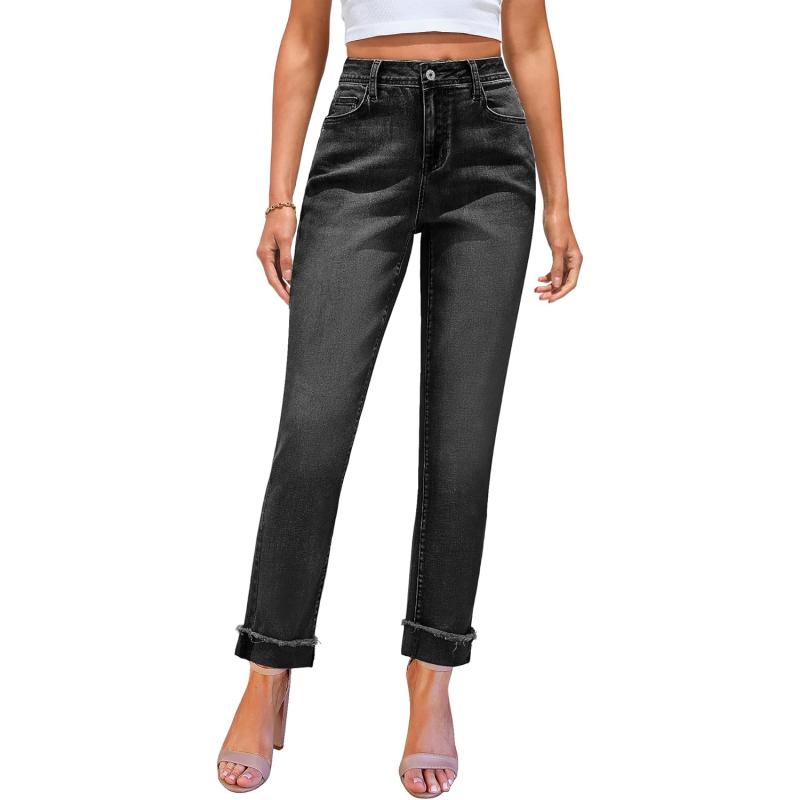 GRAPENT Jeans for Women Trendy High Waisted Slim Straight Leg Mom Jeans Stretchy Denim Pants Trouser Jeans with PocketsWashed Black