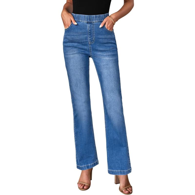 GRAPENT Pull On Jeans for Women High Waisted Stretchy Flare Elastic Waist Bootcut Denim Pants Boot Cut JeanClassic Blue