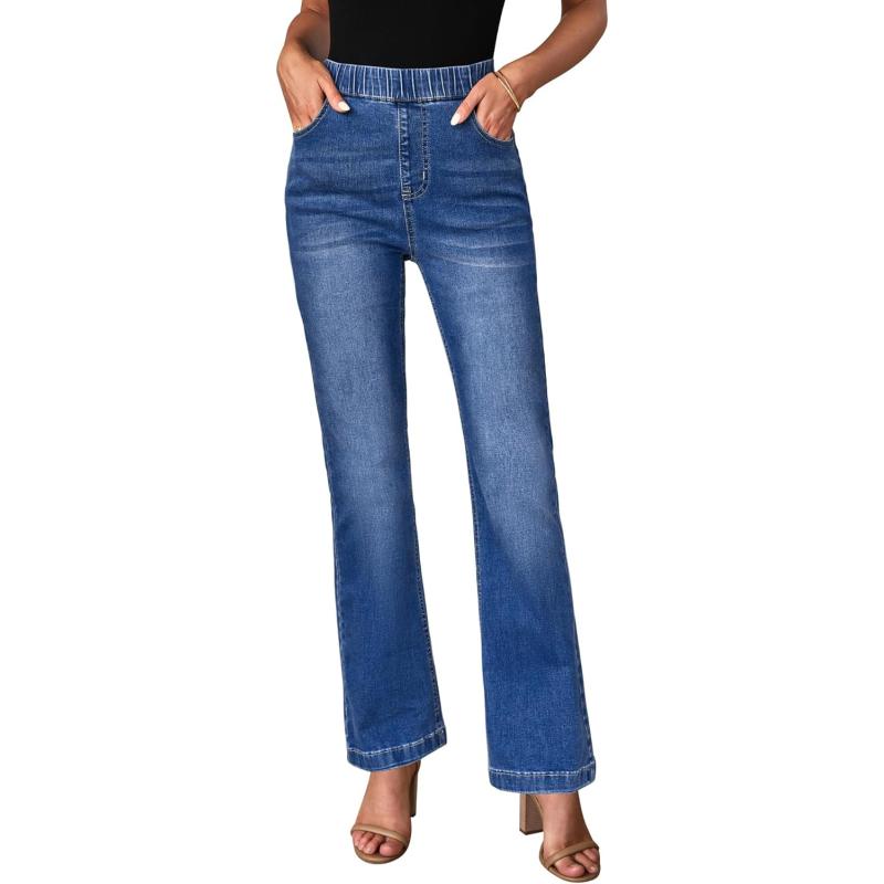 GRAPENT Pull On Jeans for Women High Waisted Stretchy Flare Elastic Waist Bootcut Denim Pants Boot Cut JeanDarkness Blue