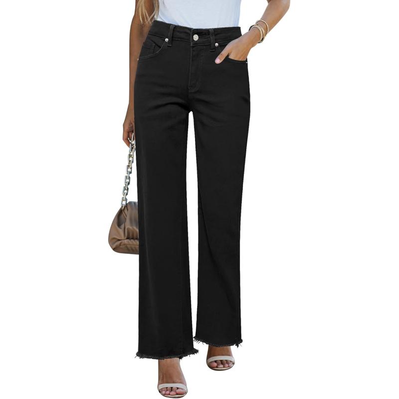 GRAPENT Straight Leg Jeans for Women High Waisted Stretchy Frayed Raw Hem Loose Denim Pants Casual Baggy Jean TrousersAlways Black