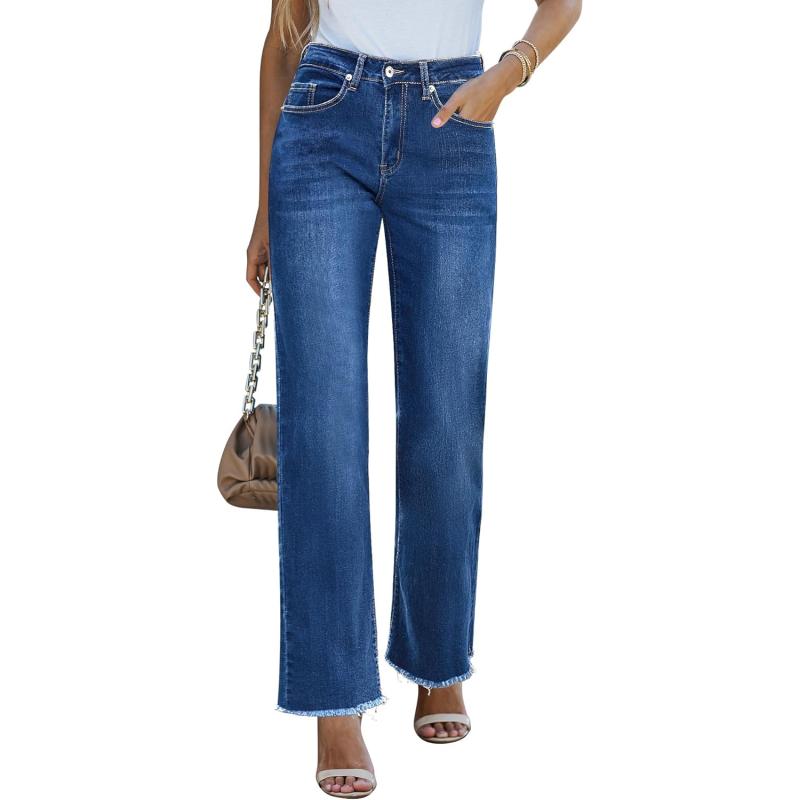 GRAPENT Straight Leg Jeans for Women High Waisted Stretchy Frayed Raw Hem Loose Denim Pants Casual Baggy Jean TrousersClassic Blue