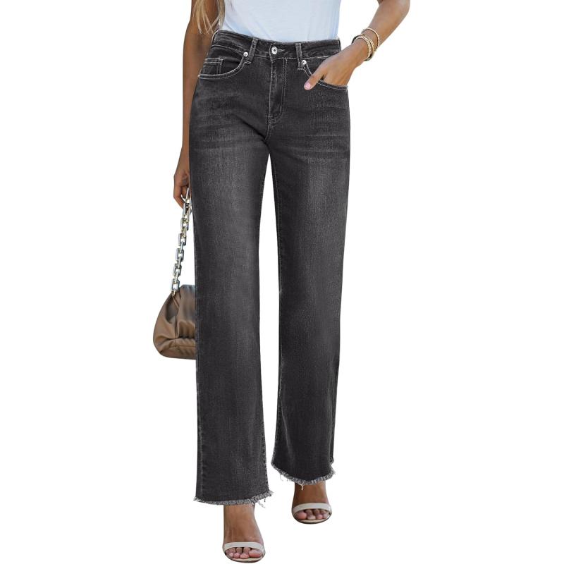 GRAPENT Straight Leg Jeans for Women High Waisted Stretchy Frayed Raw Hem Loose Denim Pants Casual Baggy Jean TrousersDark Gray