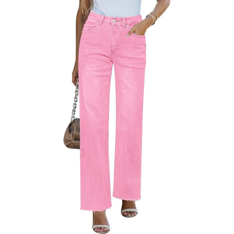GRAPENT Straight Leg Jeans for Women High Waisted Stretchy Frayed Raw Hem Loose Denim Pants Casual Baggy Jean TrousersGossamer Pink