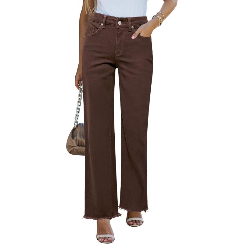 GRAPENT Straight Leg Jeans for Women High Waisted Stretchy Frayed Raw Hem Loose Denim Pants Casual Baggy Jean TrousersPecan Brown