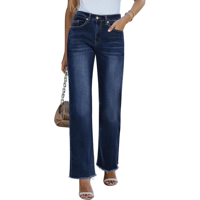 GRAPENT Straight Leg Jeans for Women High Waisted Stretchy Frayed Raw Hem Loose Denim Pants Casual Baggy Jean TrousersVintage Dark Blue