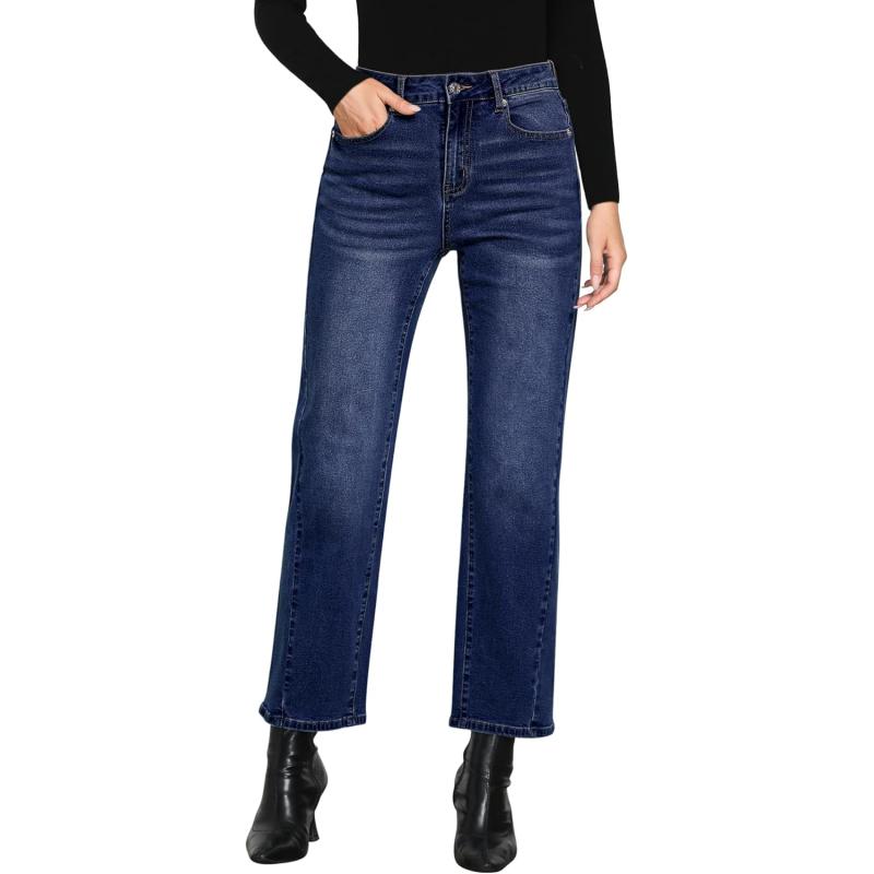 GRAPENT Straight Leg Jeans for Women High Waisted Trendy Ankle Length Forward Seams Stretchy Denim Pants Baggy JeansDark Blue