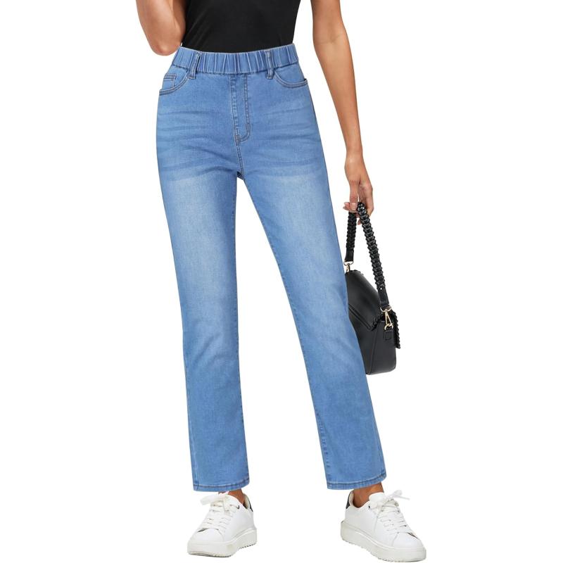 GRAPENT Straight Leg Jeans for Women Trendy Pull On High Waisted Cropped Elastic Waist Stretchy Denim Pants Ankle JeansCody Blue