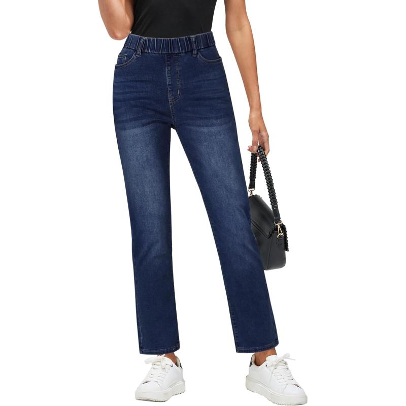 GRAPENT Straight Leg Jeans for Women Trendy Pull On High Waisted Cropped Elastic Waist Stretchy Denim Pants Ankle JeansDarkness Blue