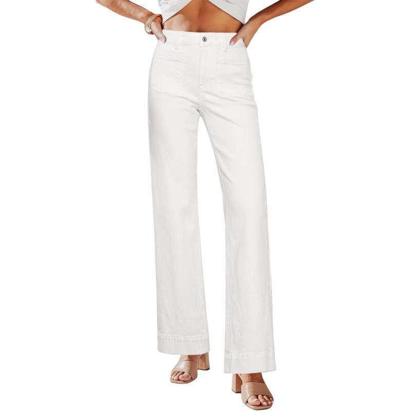 GRAPENT Wide Leg Jeans for Women High Waisted Flare Trendy Stretchy Denim Pants Duo Pockets Trouser JeansCream White