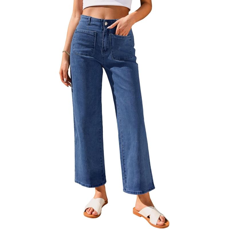 GRAPENT Wide Leg Jeans for Women High Waisted Straight Leg Stretchy Cropped Denim Pants with Pockets Jean TrousersDarkness Blue