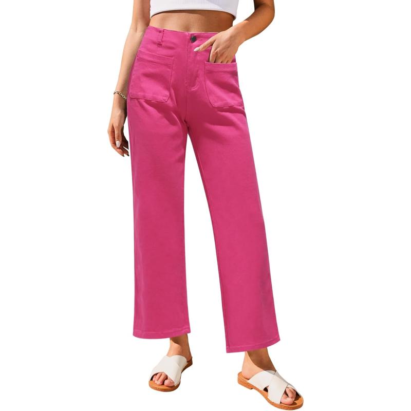GRAPENT Wide Leg Jeans for Women High Waisted Straight Leg Stretchy Cropped Denim Pants with Pockets Jean TrousersHot Pink