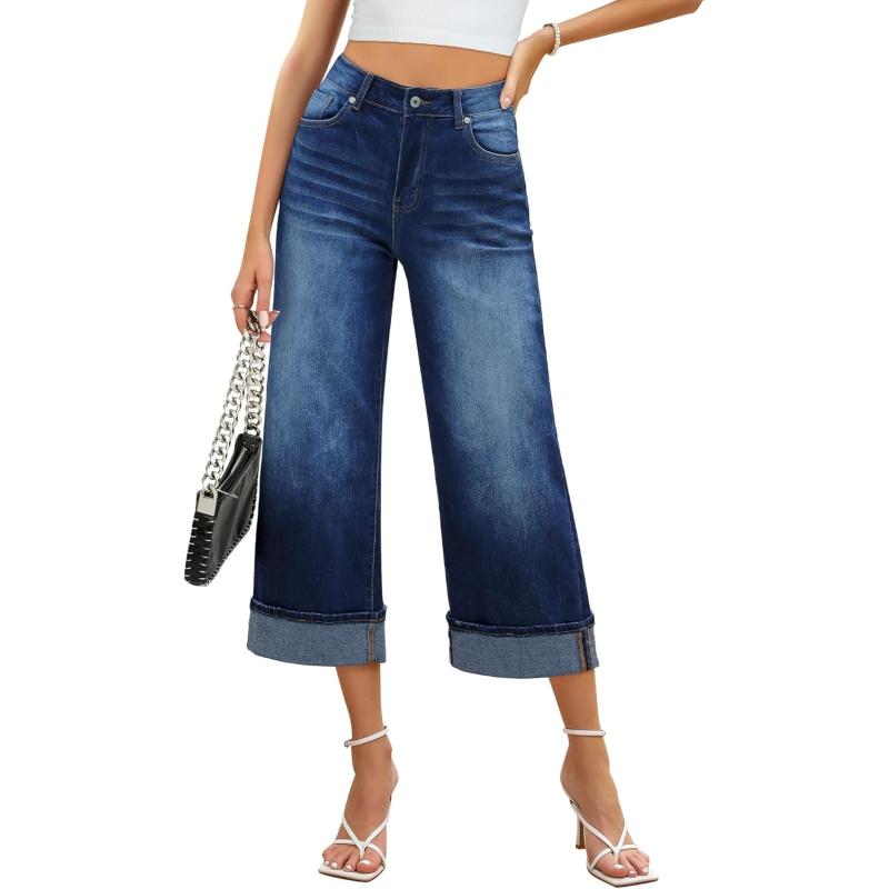 GRAPENT Wide Leg Jeans for Women High Waisted Stretchy Denim Capri Pants Fold Hem Cropped Baggy Capris Jeans with PocketDark Blue
