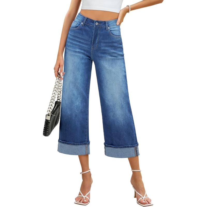 GRAPENT Wide Leg Jeans for Women High Waisted Stretchy Denim Capri Pants Fold Hem Cropped Baggy Capris Jeans with PocketMedium Blue