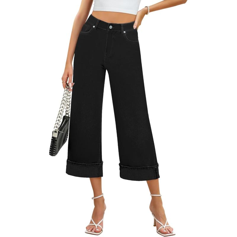 GRAPENT Wide Leg Jeans for Women High Waisted Stretchy Denim Capri Pants Fold Hem Cropped Baggy Capris Jeans with PocketTrue Black