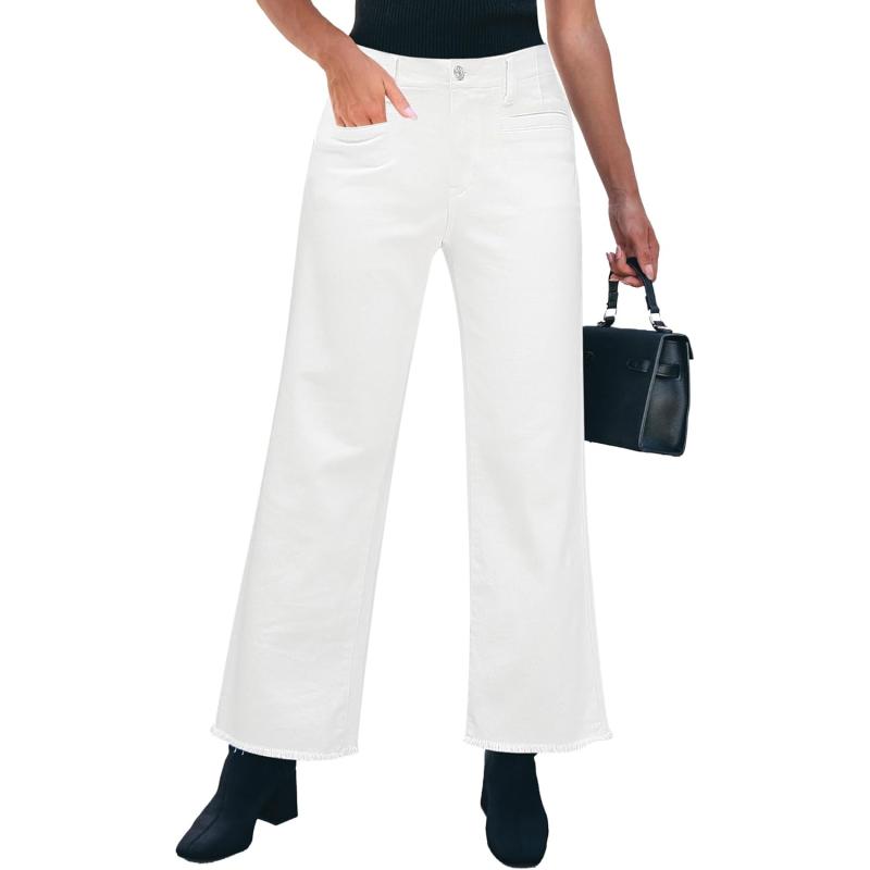 GRAPENT Wide Leg Jeans for Women High Waisted Trendy Jeans Denim Pants Stretchy Baggy with PocketsCream White