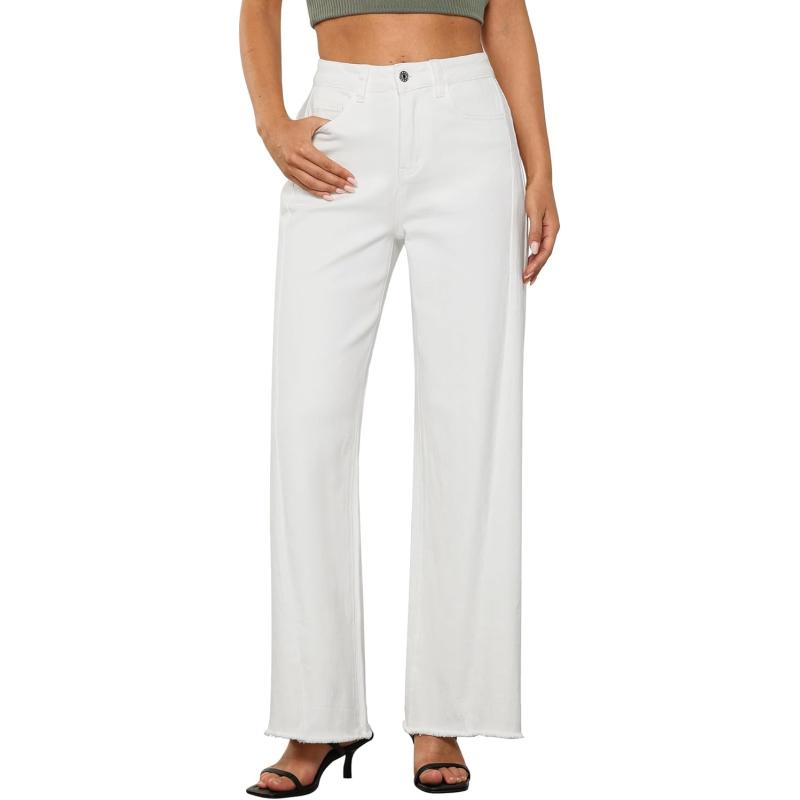 GRAPENT Wide Leg Jeans for Women High Waisted Trendy Strechy Denim Pants Side Seam Frayed Hem Baggy Work Trouser JeansCream White