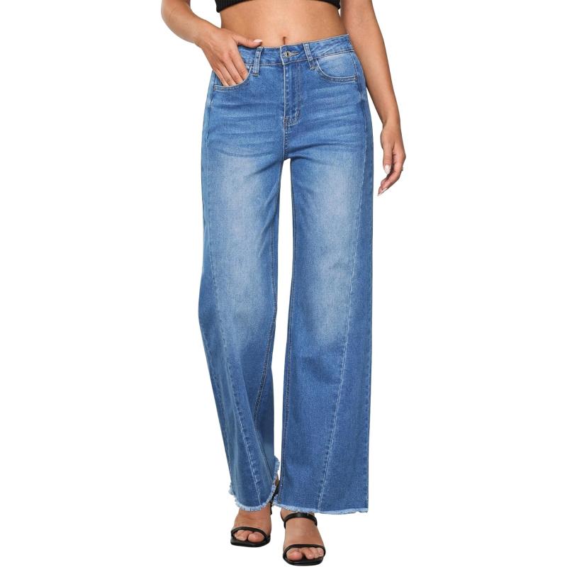 GRAPENT Wide Leg Jeans for Women High Waisted Trendy Strechy Denim Pants Side Seam Frayed Hem Baggy Work Trouser JeansMedium Blue