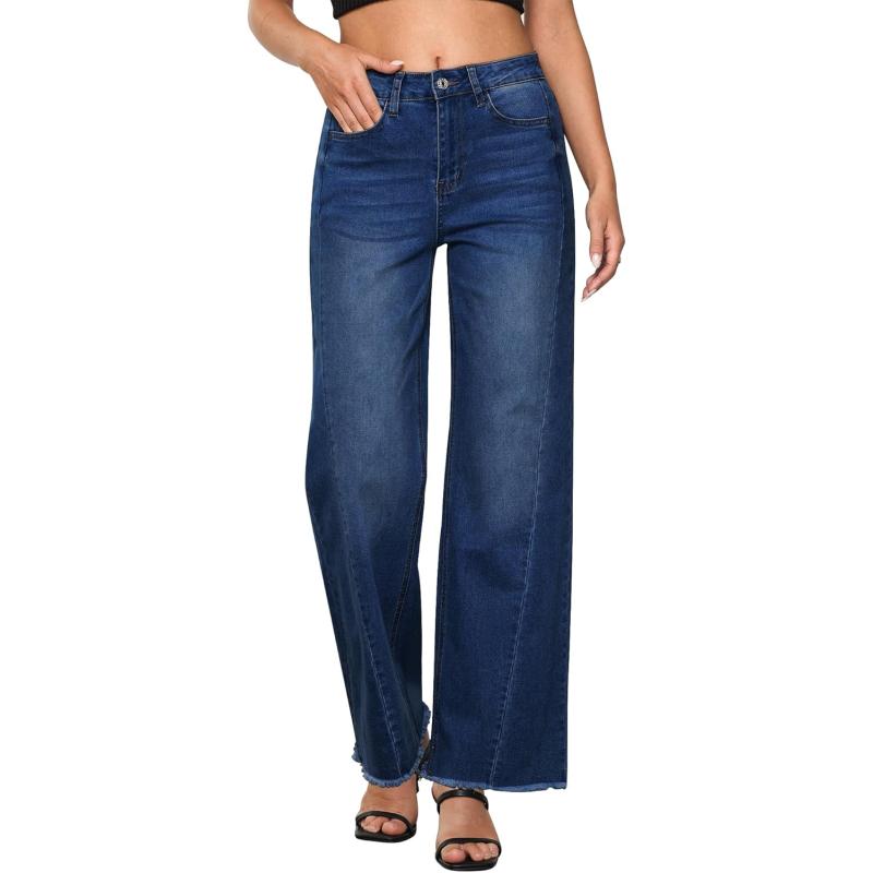 GRAPENT Wide Leg Jeans for Women High Waisted Trendy Strechy Denim Pants Side Seam Frayed Hem Baggy Work Trouser JeansNightfall Blue