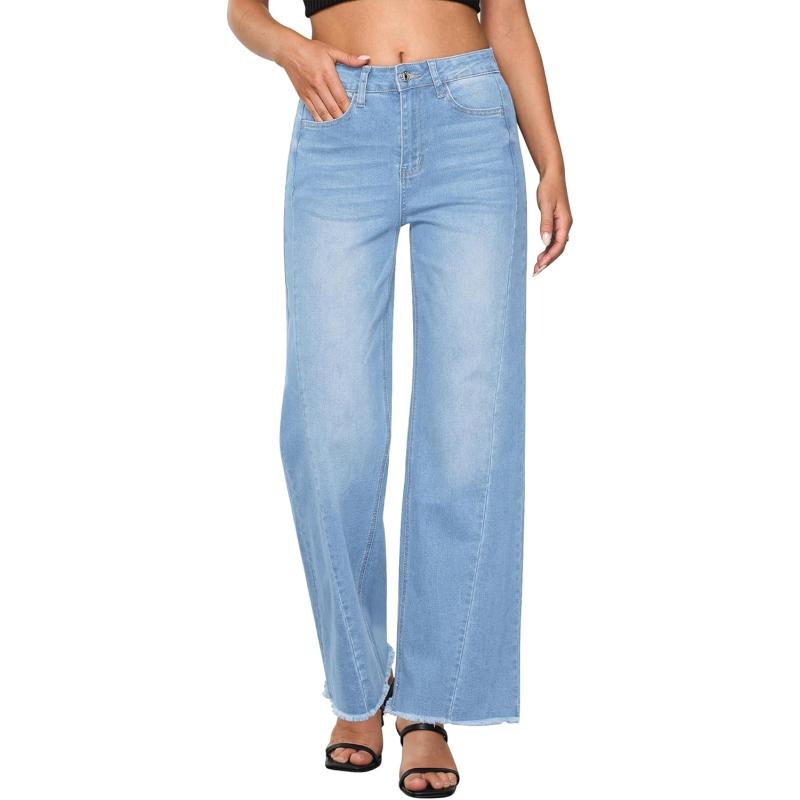 GRAPENT Wide Leg Jeans for Women High Waisted Trendy Strechy Denim Pants Side Seam Frayed Hem Baggy Work Trouser JeansSky Blue