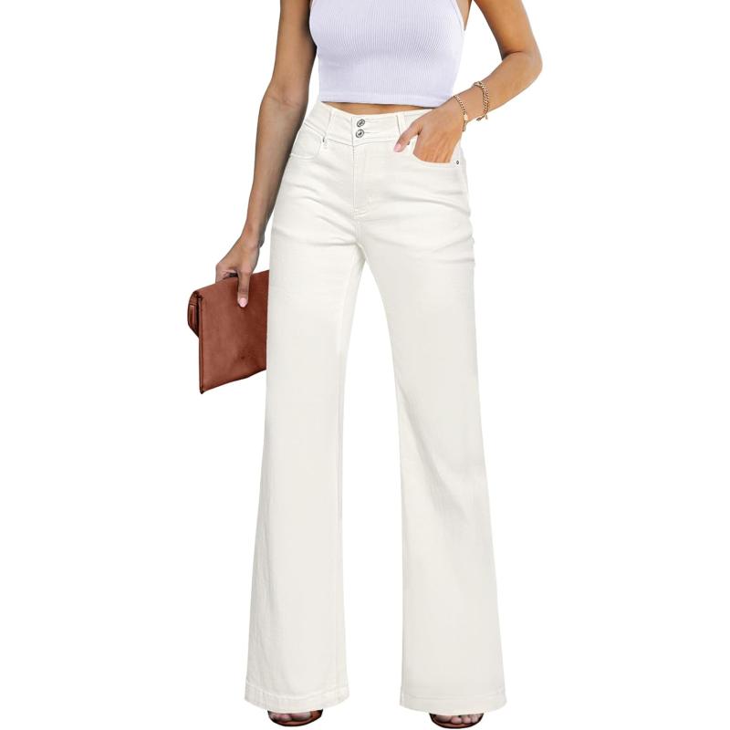 GRAPENT Wide Leg Jeans for Women Trendy High Waisted Flare Stretchy Denim Pants Baggy Dual Button Trouser Jeans PocketsCream White