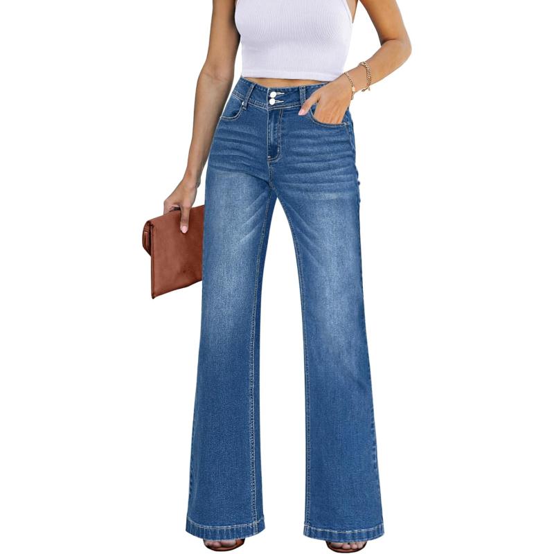 GRAPENT Wide Leg Jeans for Women Trendy High Waisted Flare Stretchy Denim Pants Baggy Dual Button Trouser Jeans PocketsLapis Longing