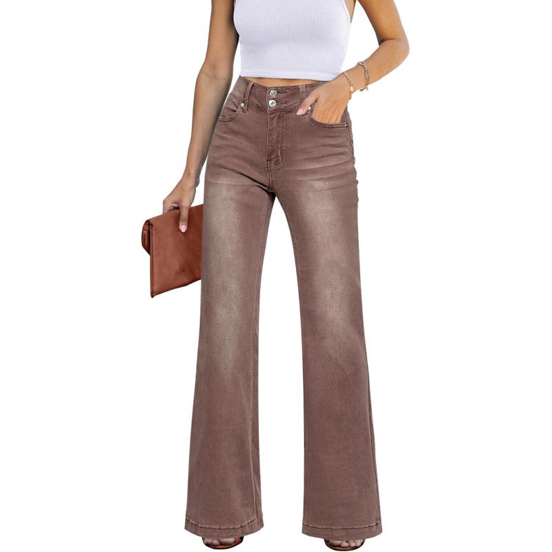 GRAPENT Wide Leg Jeans for Women Trendy High Waisted Flare Stretchy Denim Pants Baggy Dual Button Trouser Jeans PocketsPecan Brown