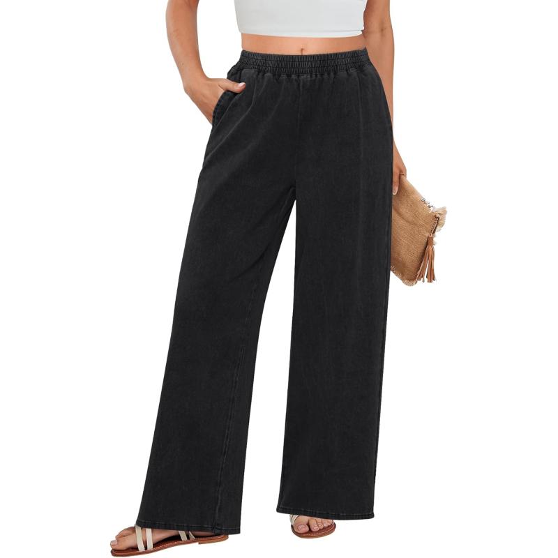 GRAPENT Wide Leg Pants Woman Pull On High Waisted Baggy Straight Leg Colored Jeans Stretch Twill Trouser Pants for WomenBlack