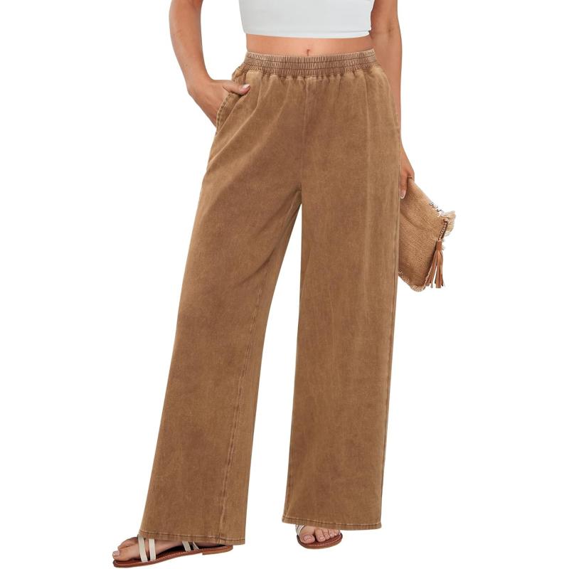 GRAPENT Wide Leg Pants Woman Pull On High Waisted Baggy Straight Leg Colored Jeans Stretch Twill Trouser Pants for WomenBronze Brown