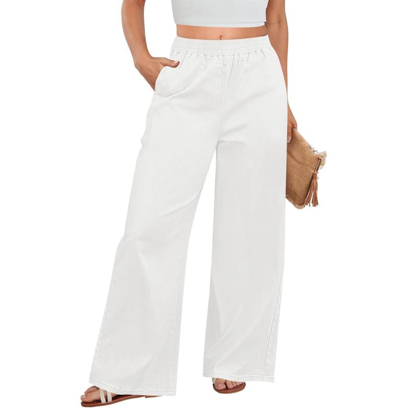 GRAPENT Wide Leg Pants Woman Pull On High Waisted Baggy Straight Leg Colored Jeans Stretch Twill Trouser Pants for WomenWhite