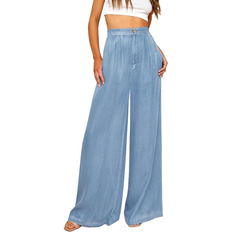 GRAPENT Wide Leg Pants for Women High Waisted Jeans Palazzo Pants Lightweight Summer Beach Flowy Trousers Y2KAir Blue