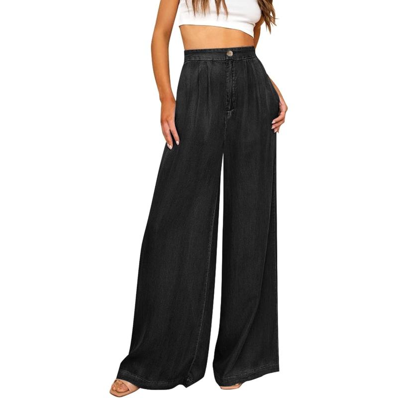 GRAPENT Wide Leg Pants for Women High Waisted Jeans Palazzo Pants Lightweight Summer Beach Flowy Trousers Y2KSoft Black