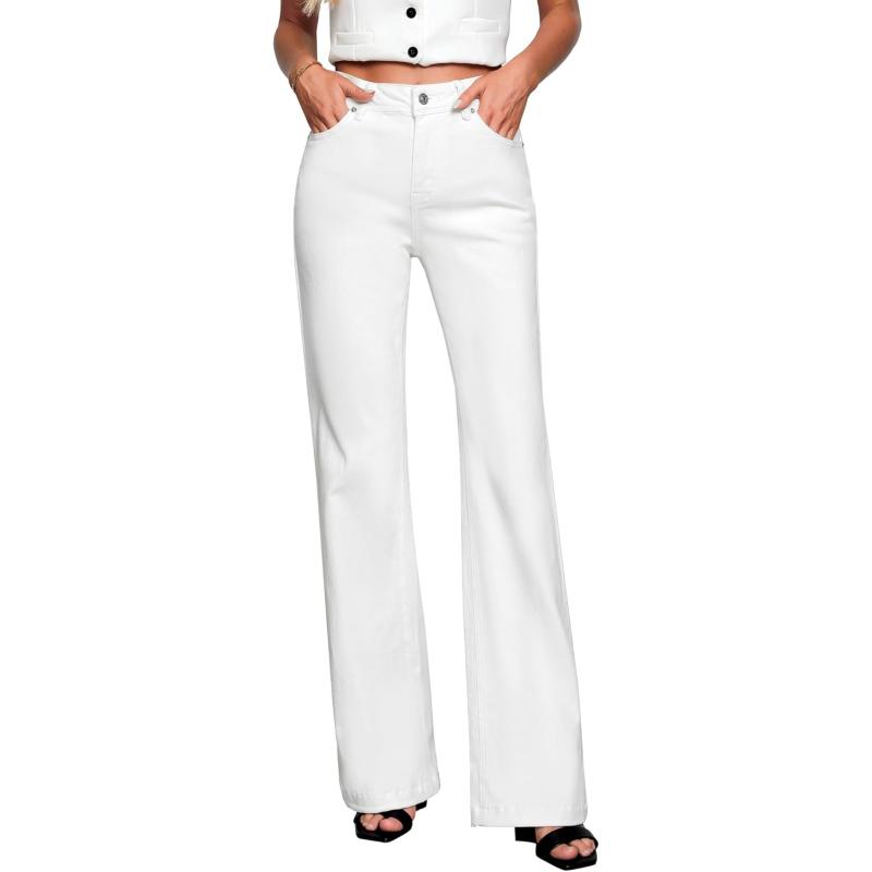 GRAPENT Womens Flare Jeans High Waisted Wide Leg Baggy Jean for Women Stretch Denim PantsLong Cream White