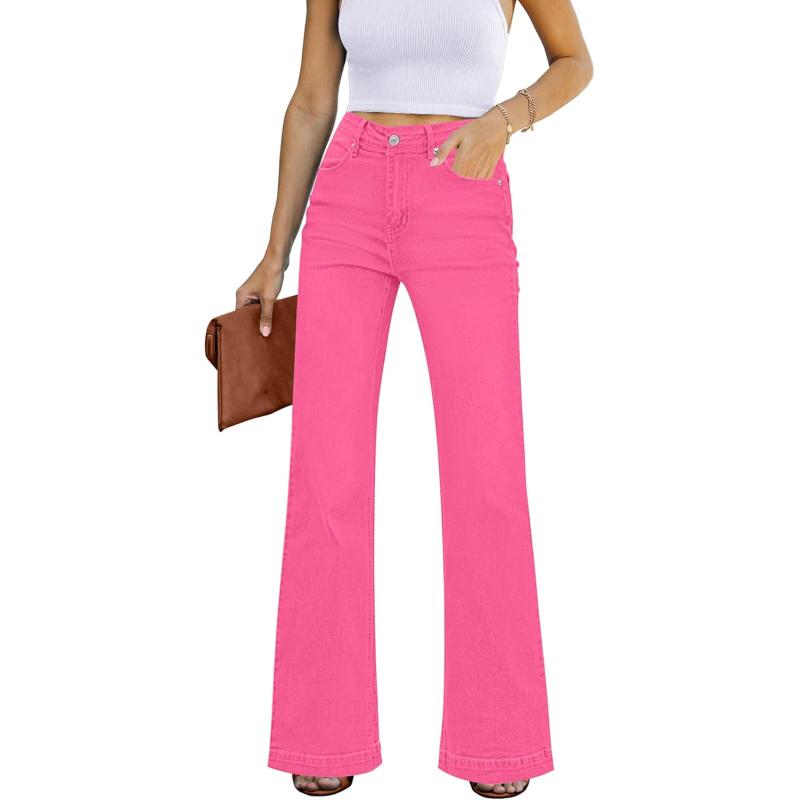 GRAPENT Womens Flare Jeans High Waisted Wide Leg Baggy Jean for Women Stretch Denim PantsMagenta Pink