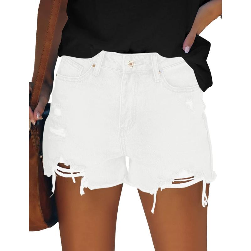 GRAPENT Womens High Waisted Ripped Stretchy Denim Hot Short Summer Jean ShortsA Brilliant White