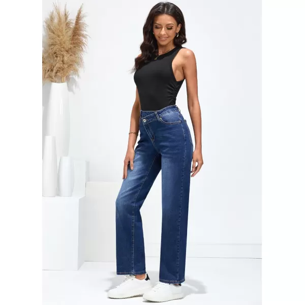 GRAPENT Baggy Jeans for Women High Waisted Straight Leg Crossover Trendy Stretch Denim Pants Slouchy Jeans with PocketsClassic Blue