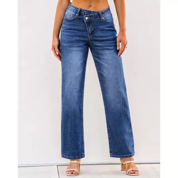 GRAPENT Baggy Jeans for Women High Waisted Straight Leg Crossover Trendy Stretch Denim Pants Slouchy Jeans with PocketsClassic Blue