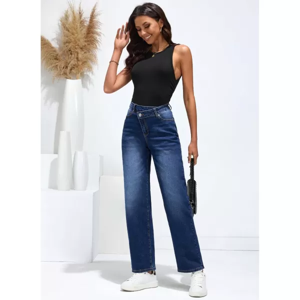 GRAPENT Baggy Jeans for Women High Waisted Straight Leg Crossover Trendy Stretch Denim Pants Slouchy Jeans with PocketsClassic Blue