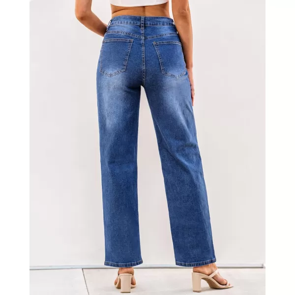 GRAPENT Baggy Jeans for Women High Waisted Straight Leg Crossover Trendy Stretch Denim Pants Slouchy Jeans with PocketsClassic Blue