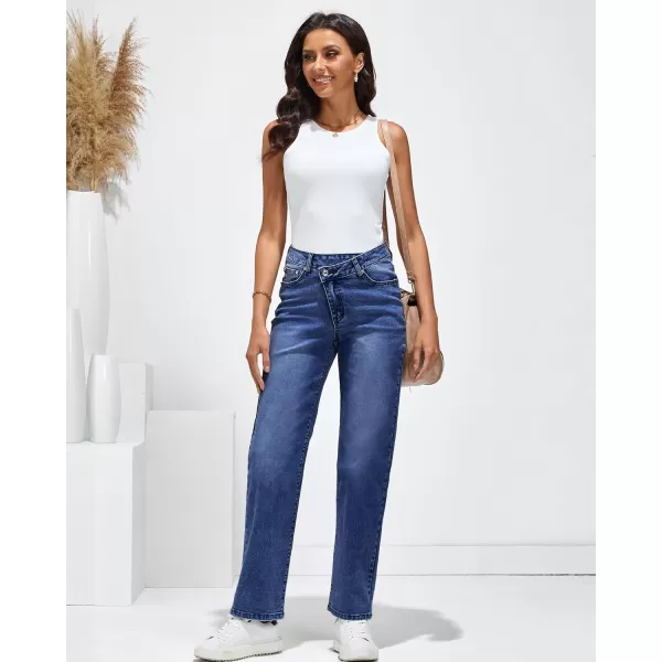 GRAPENT Baggy Jeans for Women High Waisted Straight Leg Crossover Trendy Stretch Denim Pants Slouchy Jeans with PocketsDarkness Blue