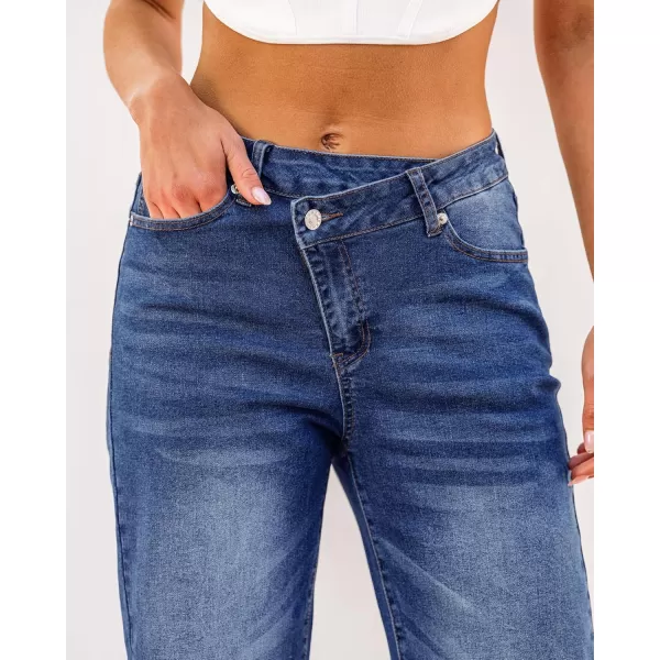 GRAPENT Baggy Jeans for Women High Waisted Straight Leg Crossover Trendy Stretch Denim Pants Slouchy Jeans with PocketsDarkness Blue