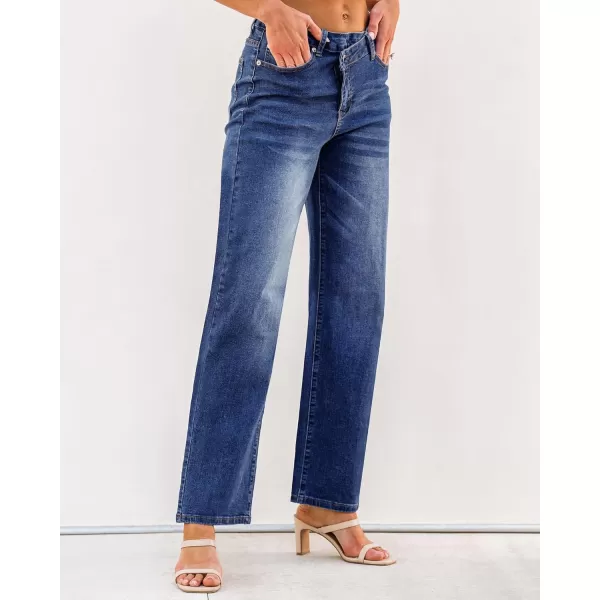 GRAPENT Baggy Jeans for Women High Waisted Straight Leg Crossover Trendy Stretch Denim Pants Slouchy Jeans with PocketsDarkness Blue