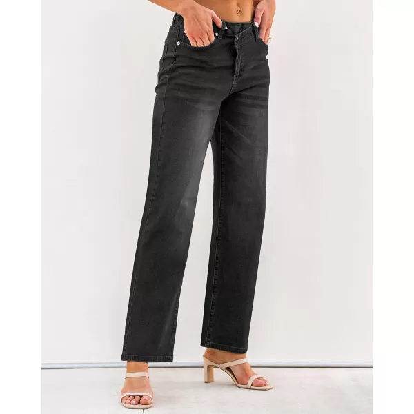 GRAPENT Baggy Jeans for Women High Waisted Straight Leg Crossover Trendy Stretch Denim Pants Slouchy Jeans with PocketsFaded Black