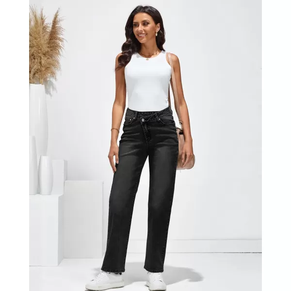 GRAPENT Baggy Jeans for Women High Waisted Straight Leg Crossover Trendy Stretch Denim Pants Slouchy Jeans with PocketsFaded Black